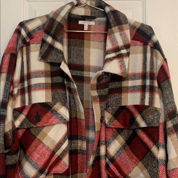 Maurices Red, Black, and White plaid Long Button Down Jacket Size 2X - Picture 2 of 7